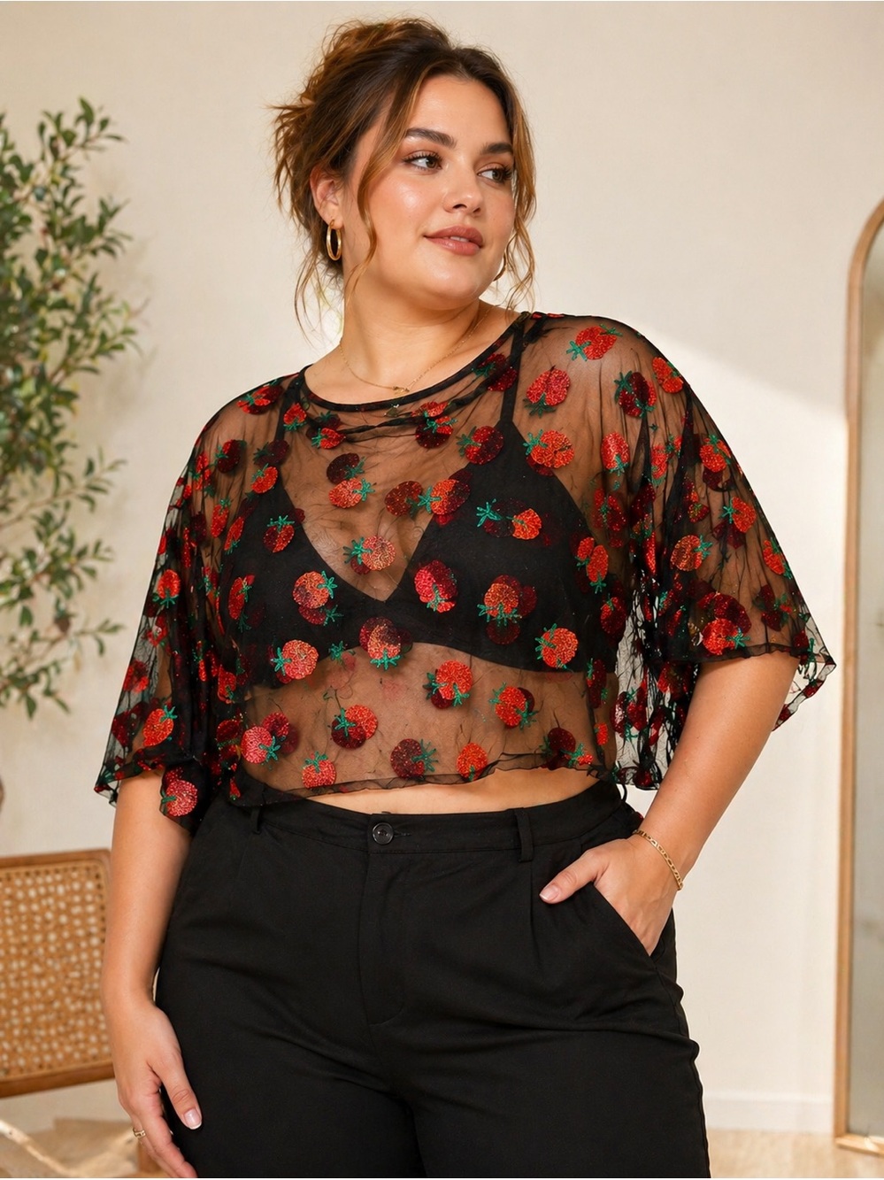 SHEIN Curve 2X Sheer Strawberry Embroidered Mesh Crop Top – Playful Luxe